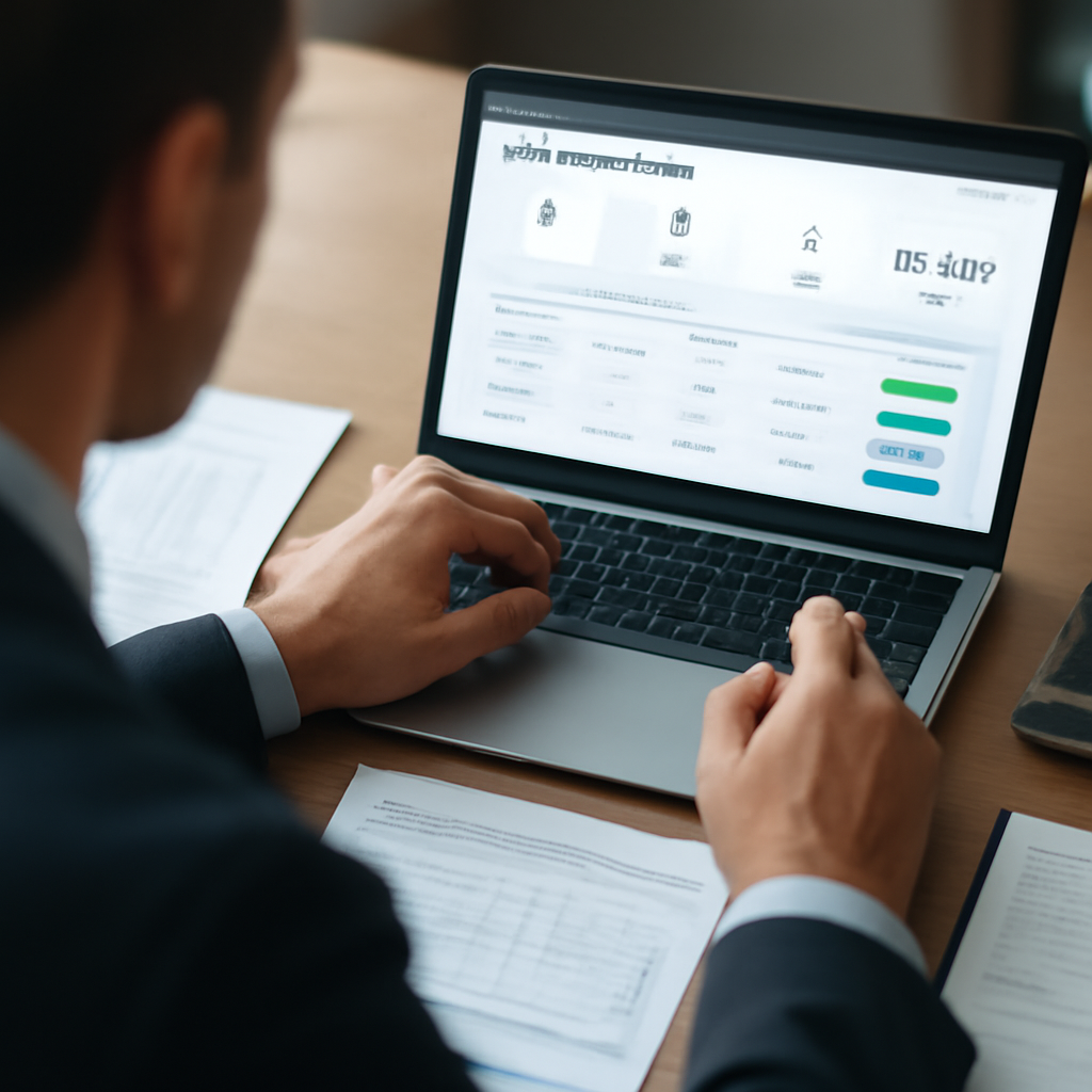a finance professional reviewing a digital invoice approval dashboard beside a laptop and neatly organised accounting do