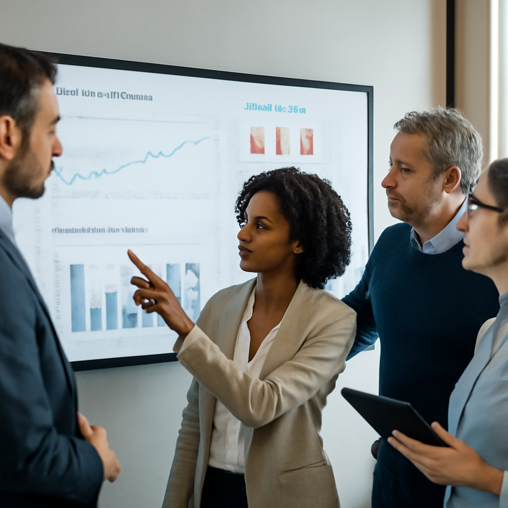 a modern finance team collaborating around a wall display showing cash-flow forecasts, anomaly alerts and approval workf