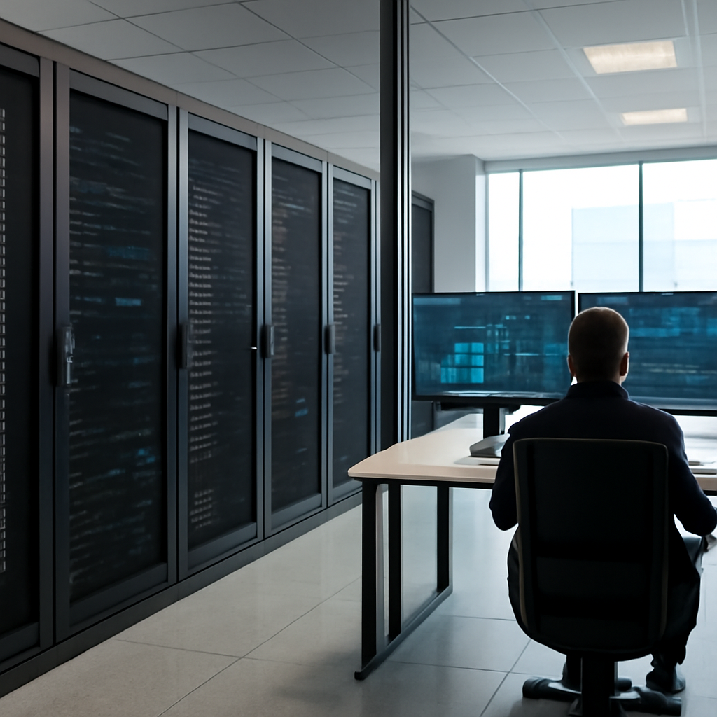 an elegant server room connected to a bright finance operations control centre with secure dashboards and audit logs
