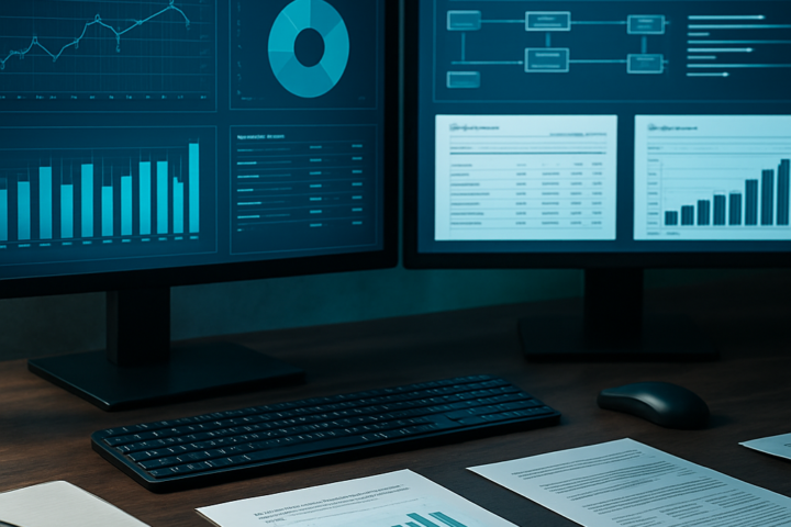 Photorealistic modern finance workspace with dashboards, documents, and automation workflows on screens