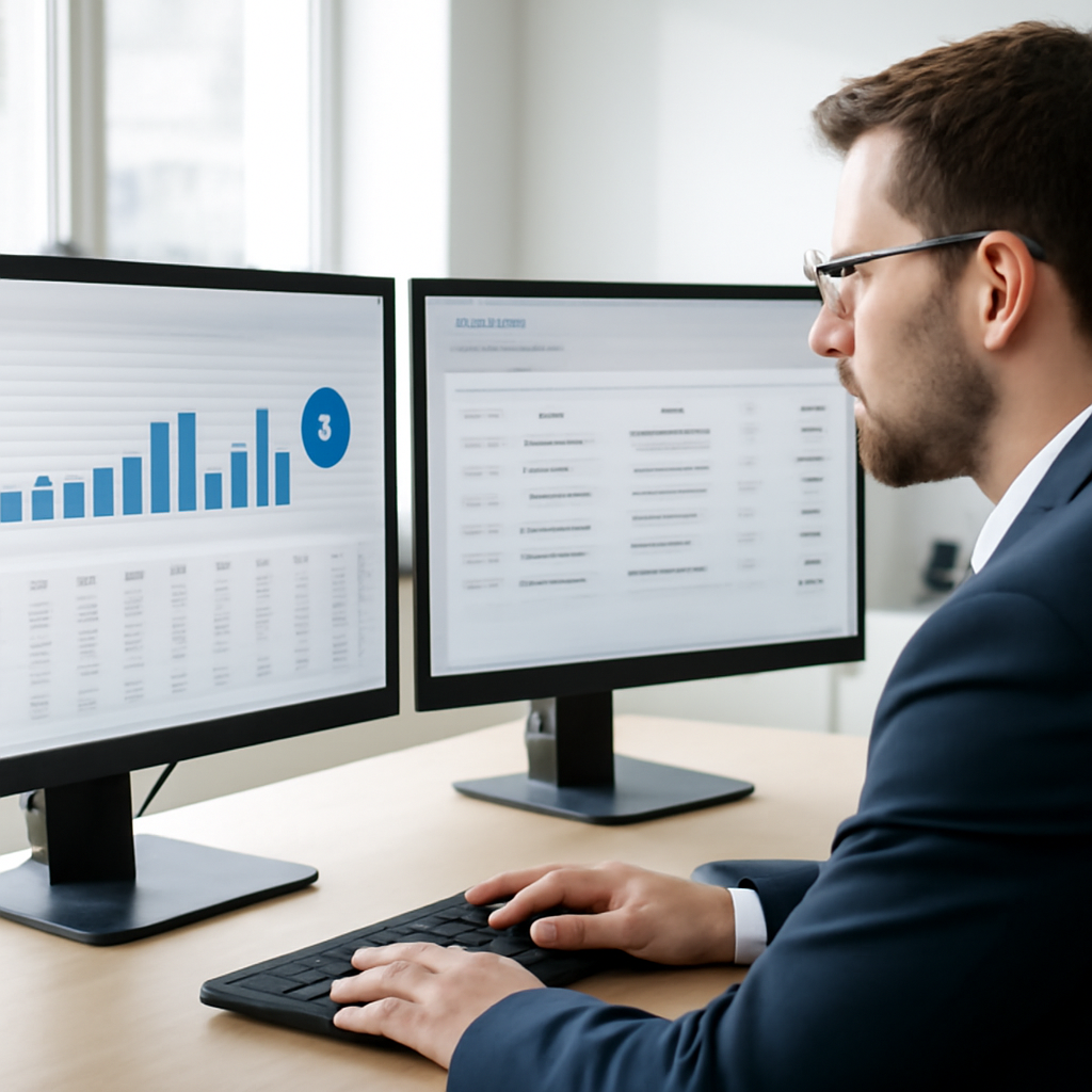 a finance manager reviewing automated cash-flow charts and invoice approvals on dual monitors in a bright modern office
