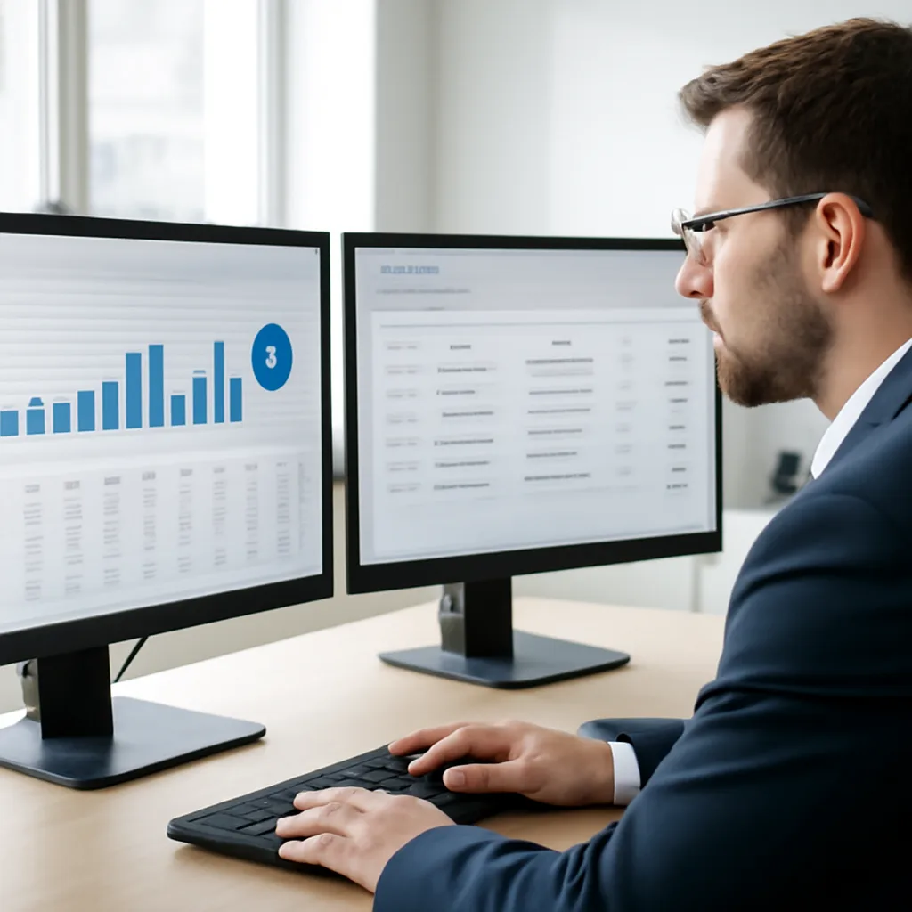 a finance manager reviewing automated cash-flow charts and invoice approvals on dual monitors in a bright modern office