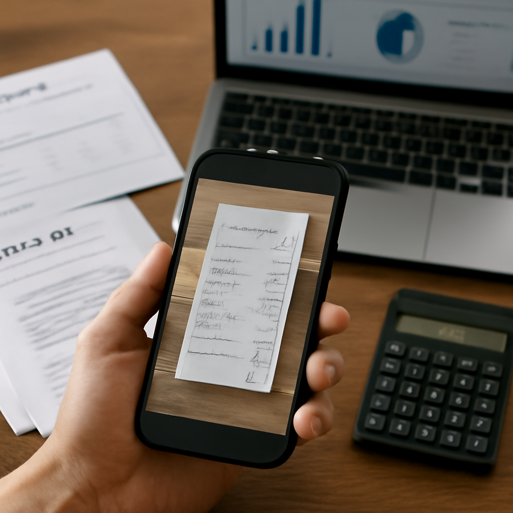 close-up of a smartphone scanning a receipt beside organised invoices, a laptop dashboard and a calculator on a wooden d