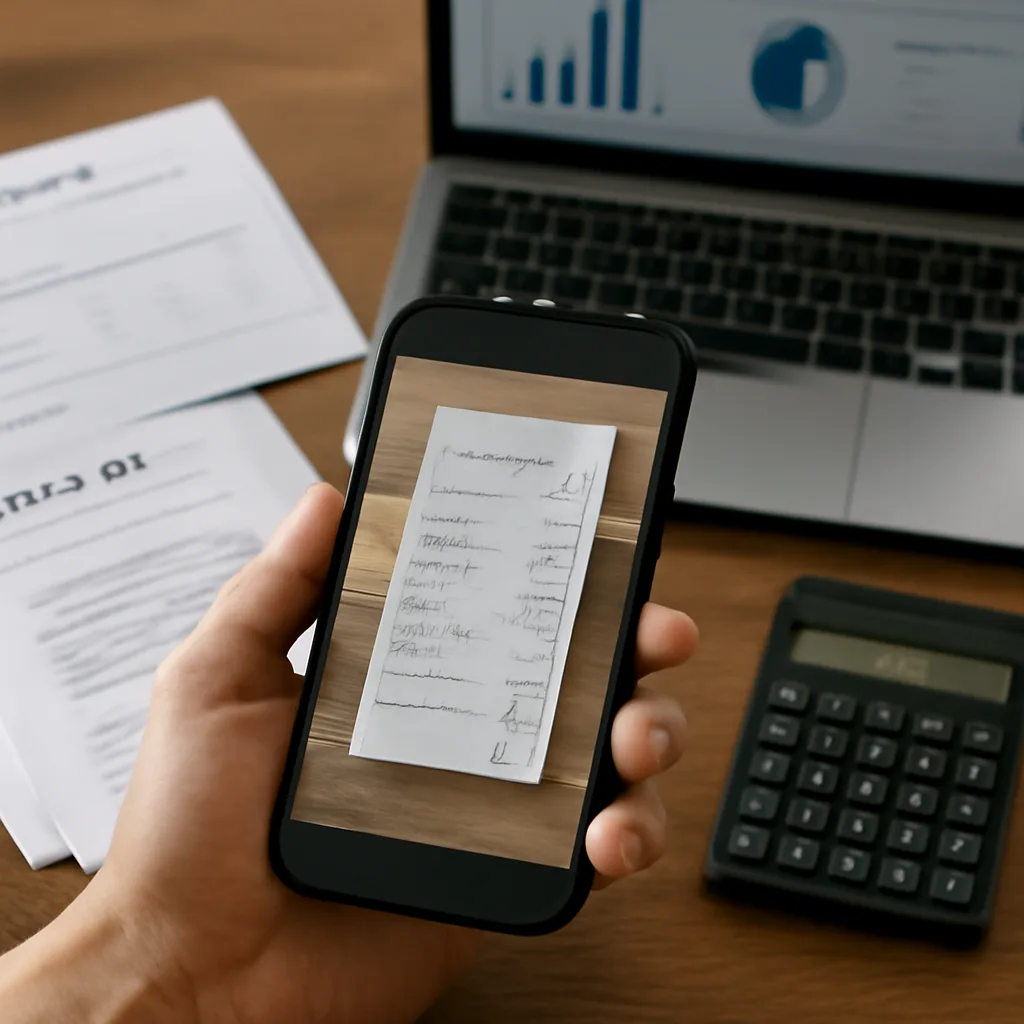 close-up of a smartphone scanning a receipt beside organised invoices, a laptop dashboard and a calculator on a wooden d