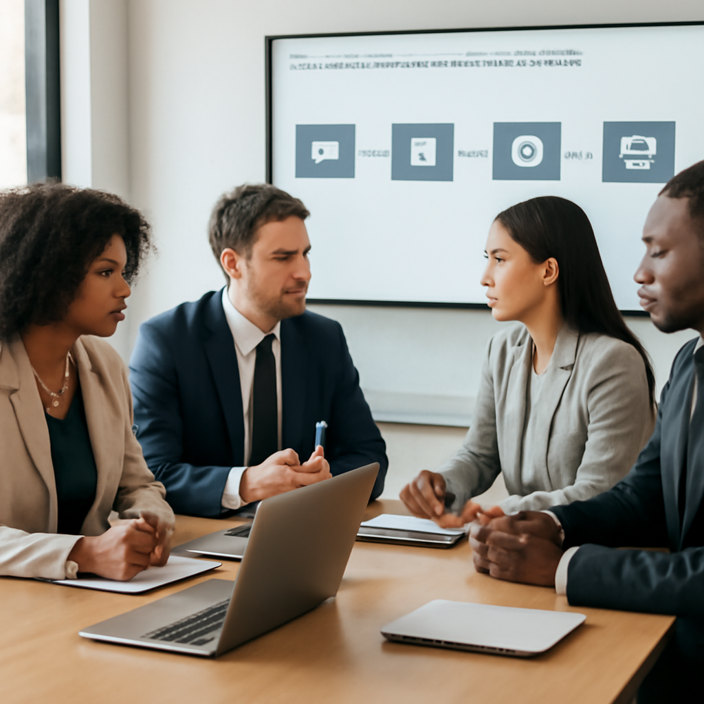 a diverse finance team collaborating around a conference table while a large screen displays an automated accounts-payab