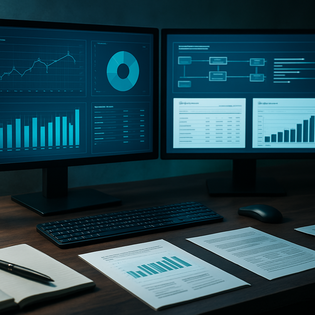 Photorealistic modern finance workspace with dashboards, documents, and automation workflows on screens