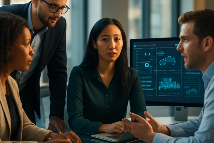 Finance professionals reviewing automated dashboards in a modern office