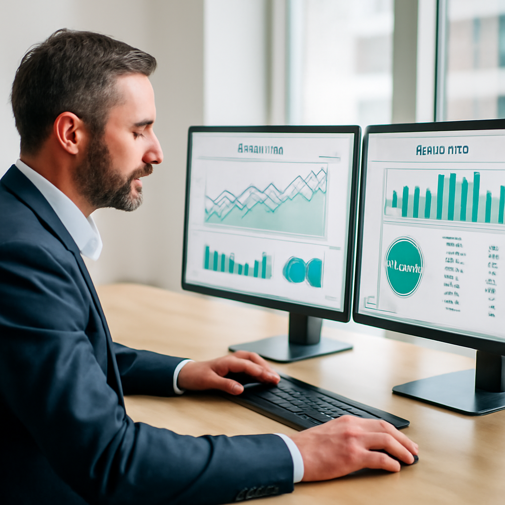 a finance professional reviewing an automated cash-flow dashboard on dual monitors in a bright modern office