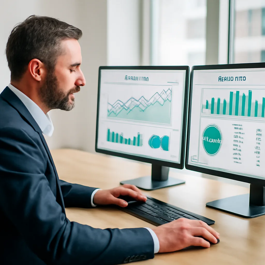 a finance professional reviewing an automated cash-flow dashboard on dual monitors in a bright modern office