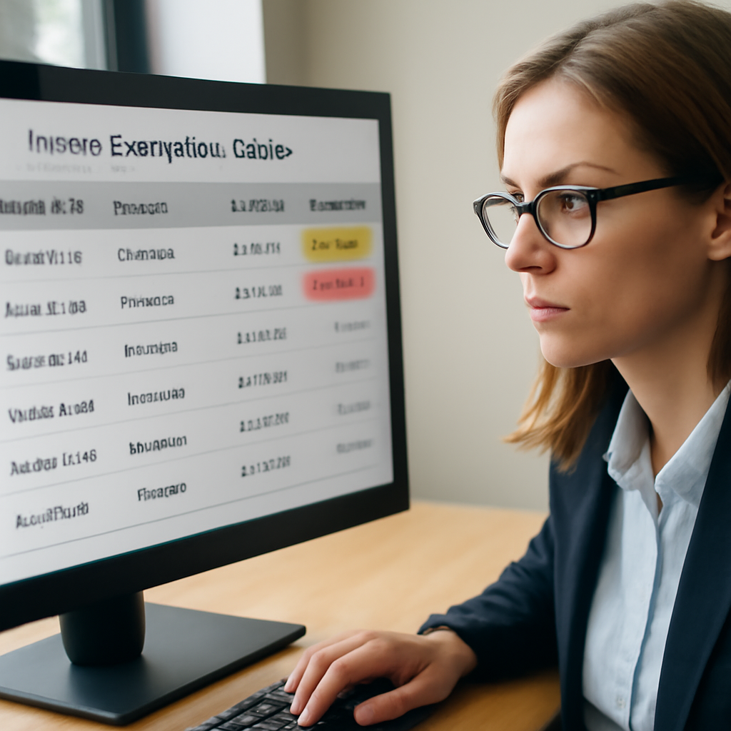 an accounts payable specialist examining an invoice exception queue with highlighted approval and fraud checks
