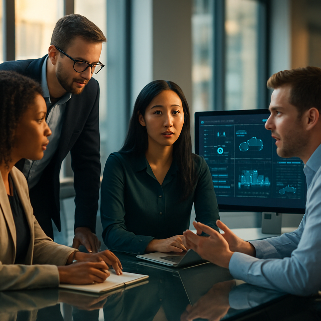 Finance professionals reviewing automated dashboards in a modern office