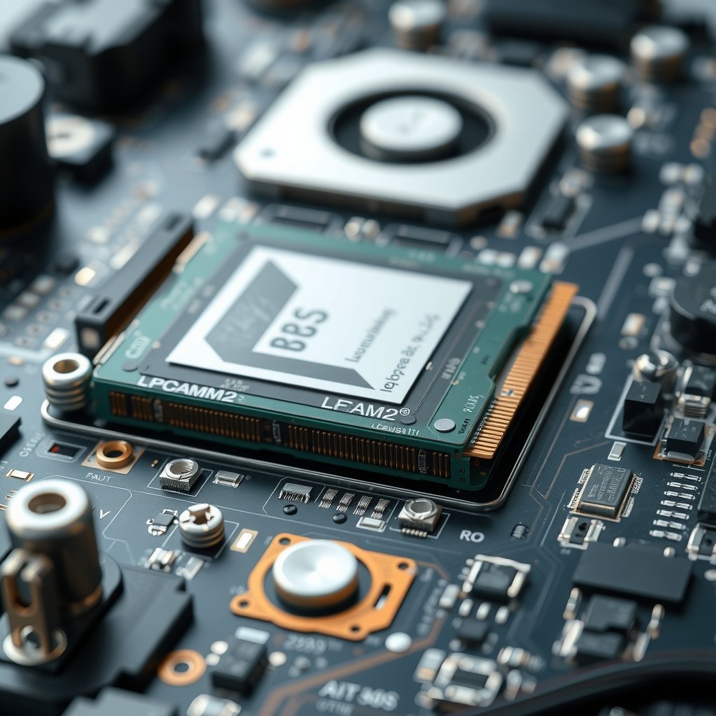 Framework Laptop 13 Pro - Close-up technical illustration of a modular laptop motherboard showing an LPCAMM2 memory modu