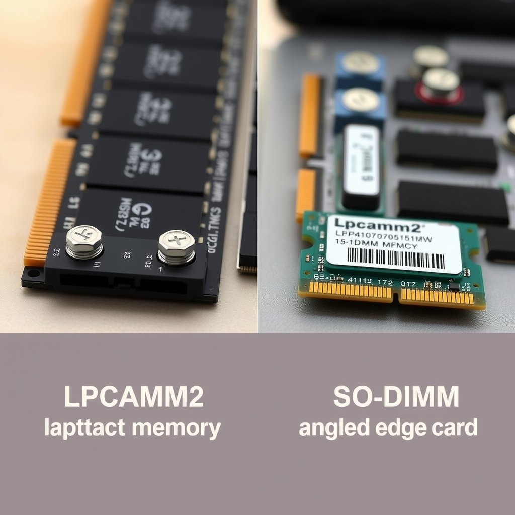 Framework Laptop 13 Pro - Side-by-side comparison photograph of a flat LPCAMM2 laptop memory module with mounting screws