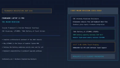 Framework Laptop 13 Pro major redesign showing CNC chassis, 74Wh battery, and LPCAMM2 architecture