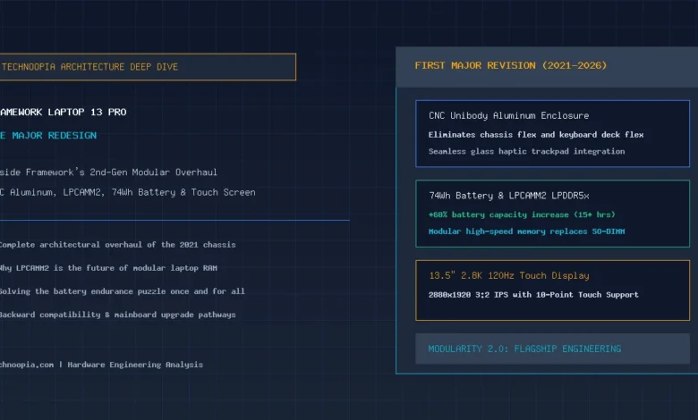 Framework Laptop 13 Pro major redesign showing CNC chassis, 74Wh battery, and LPCAMM2 architecture