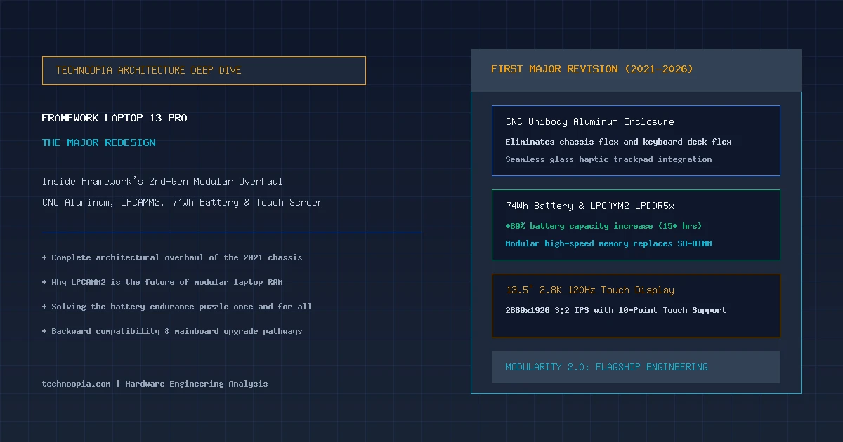 Framework Laptop 13 Pro major redesign showing CNC chassis, 74Wh battery, and LPCAMM2 architecture