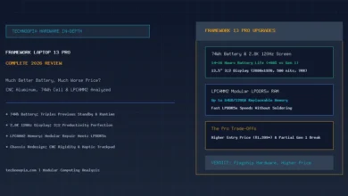 Framework Laptop 13 Pro review showing 74Wh battery, 2.8K 120Hz display, and LPCAMM2 memory upgrades
