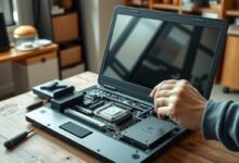 Framework Laptop 16 review showing a modular laptop beside its removable components on a clean desk