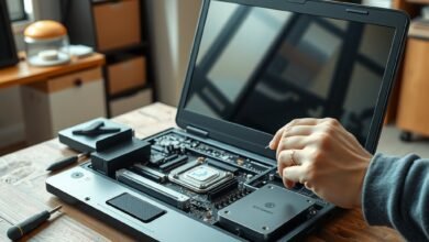 Framework Laptop 16 review showing a modular laptop beside its removable components on a clean desk