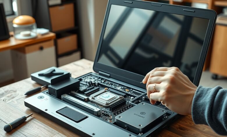 Framework Laptop 16 review showing a modular laptop beside its removable components on a clean desk