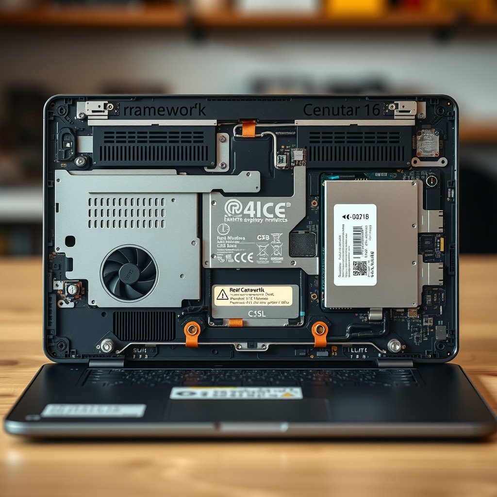 Framework Laptop 16 review - Framework Laptop 16 with its rear graphics module removed, showing the cooling vents, batte