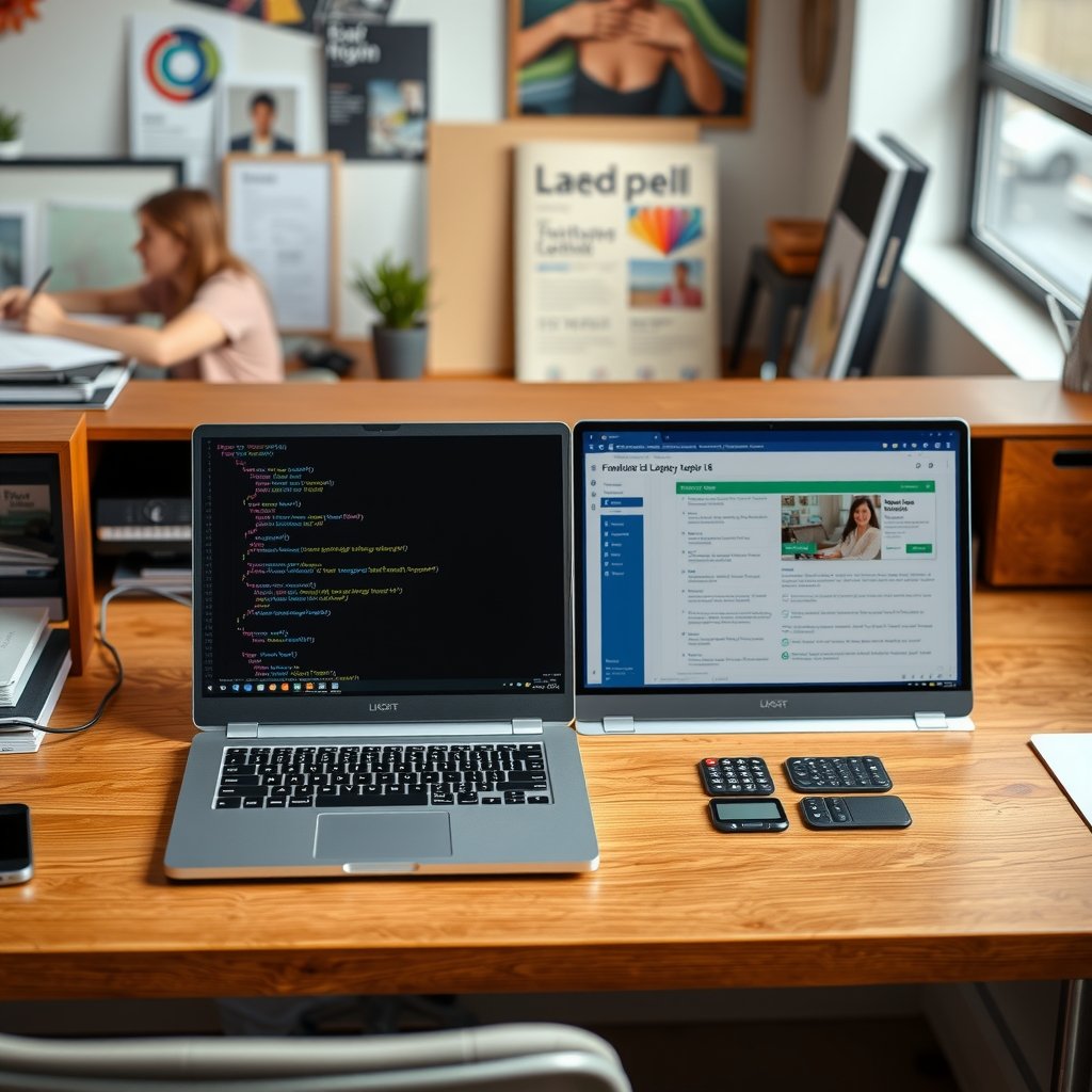 Framework Laptop 16 review - Framework Laptop 16 configured for two use cases on the same desk, with one layout showing