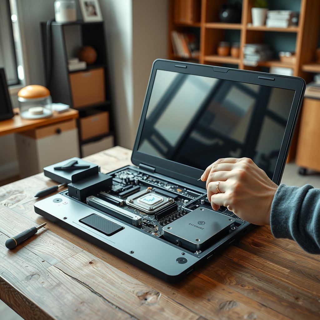 Framework Laptop 16 review showing a modular laptop beside its removable components on a clean desk