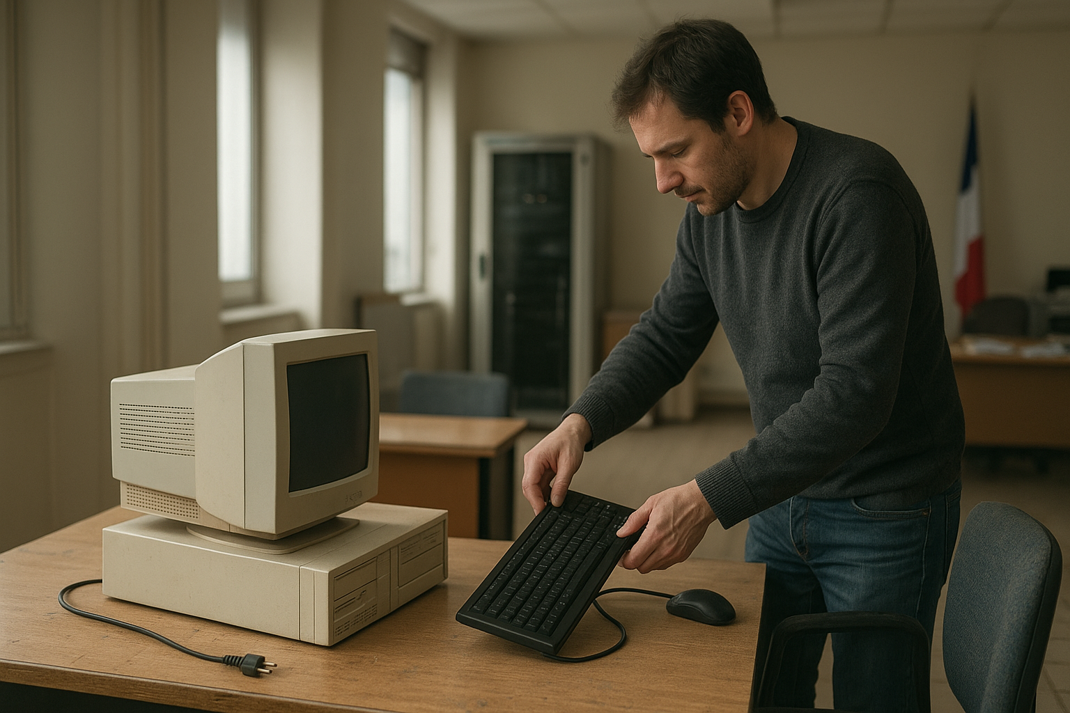 France Linux migration represented by government office computers displaying a Linux desktop beside a French flag