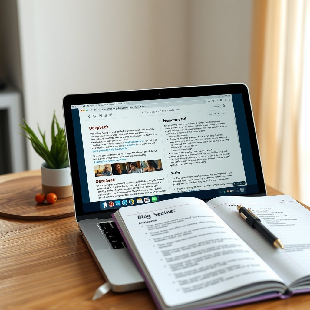 free AI model for blogging - A laptop displaying a side-by-side blogging workspace with GLM, DeepSeek, and Nemotron labe