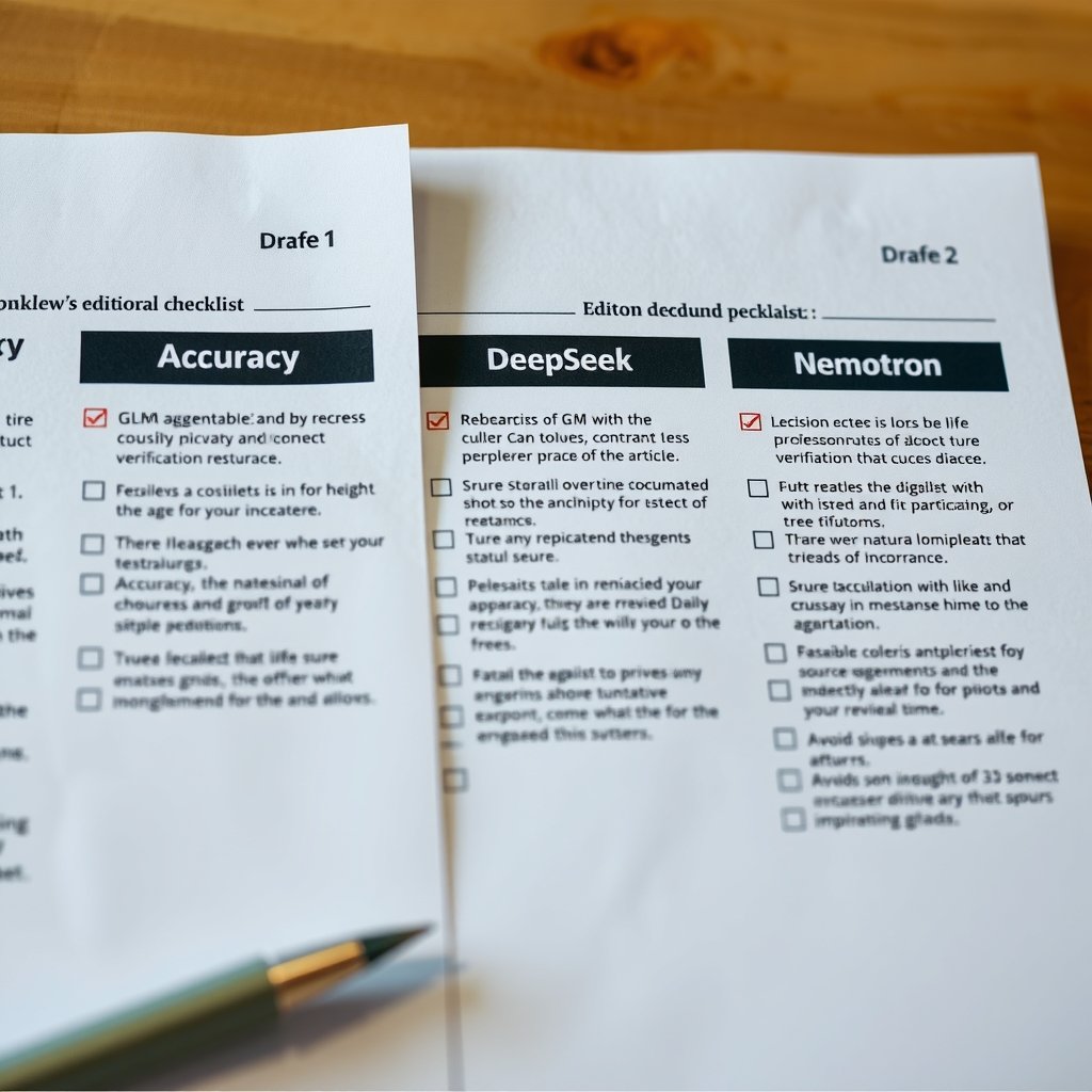 free AI model for blogging - An editorial checklist beside three labeled draft pages comparing GLM, DeepSeek, and Nemotr