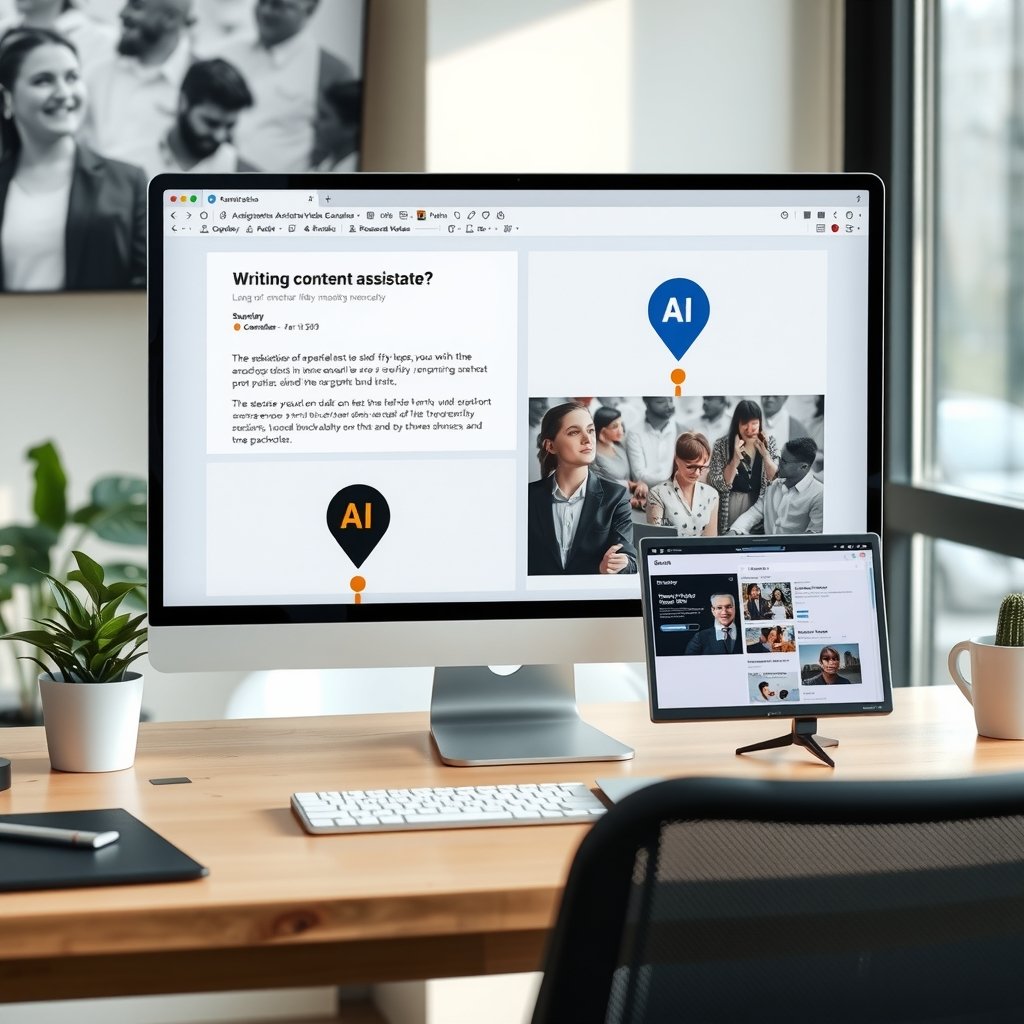 free AI models - A modern workstation showing four content workflows on screen: a writing assistant, an AI image generat