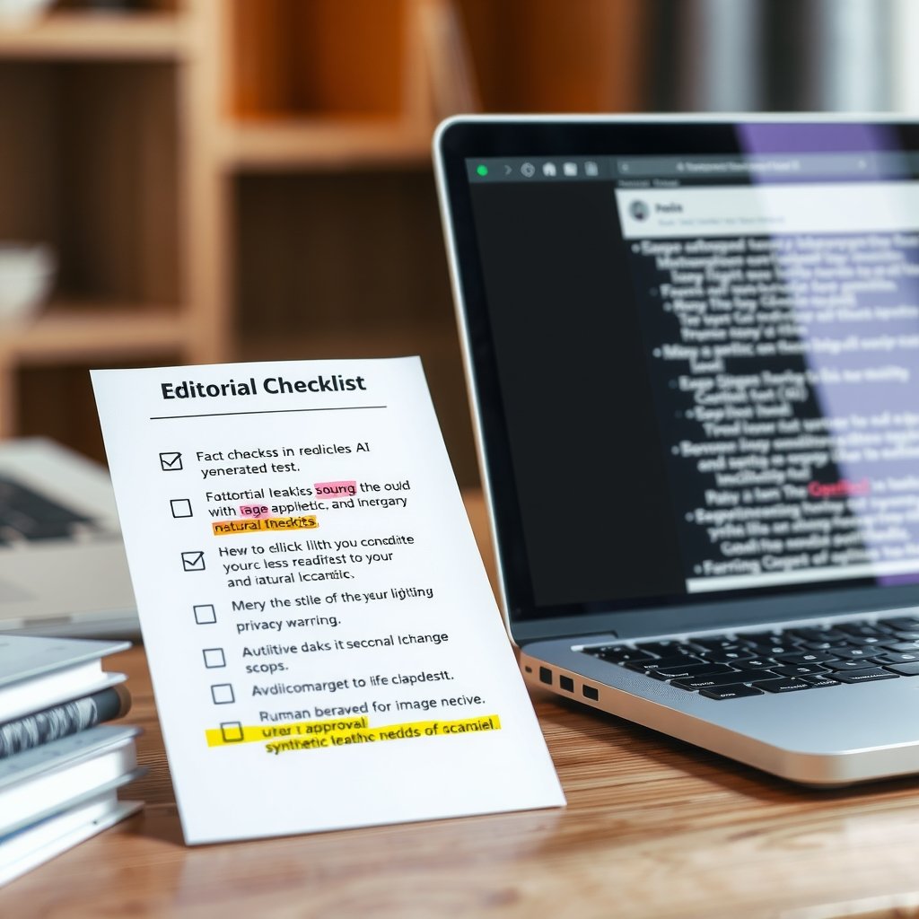 free AI models - An editorial checklist beside a laptop displaying AI-generated text, with highlighted fact checks, sour