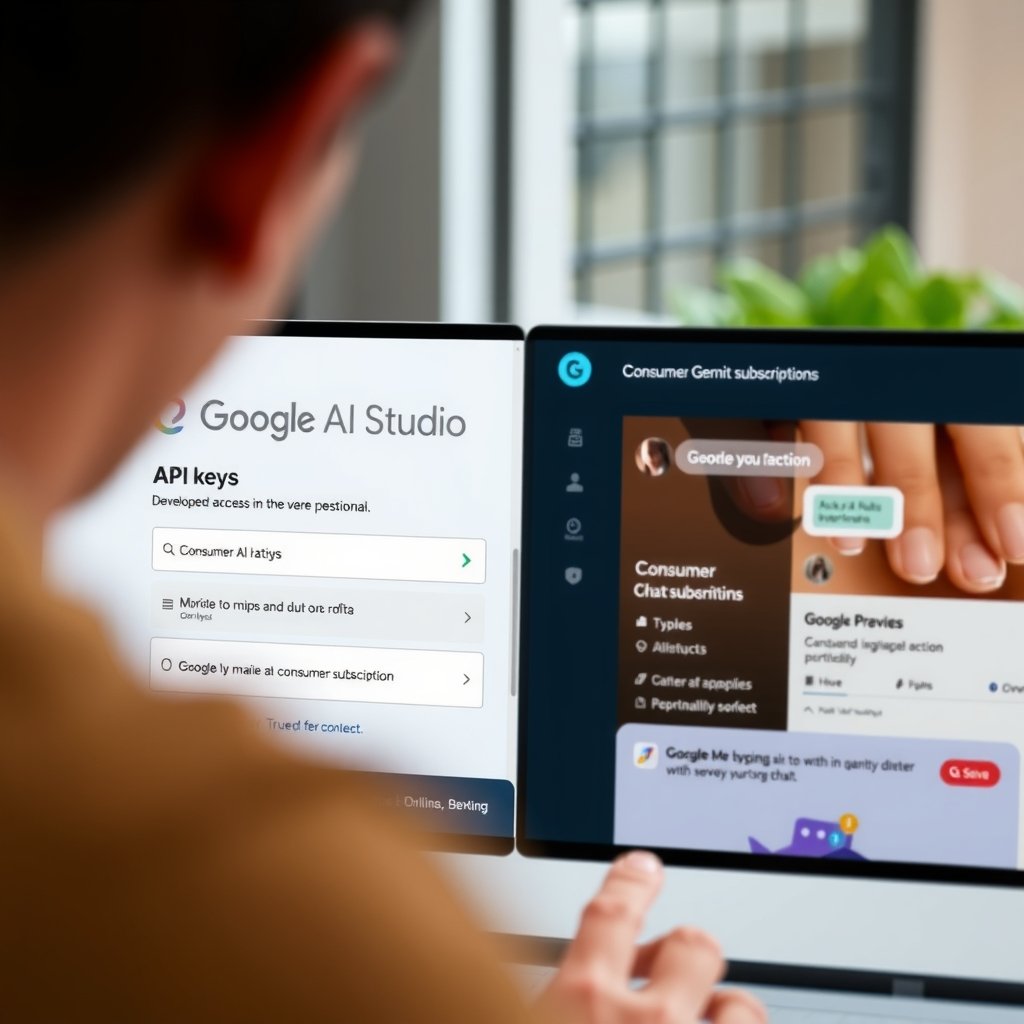 Gemini API vs Gemini Pro - Split-screen illustration showing Google AI Studio with an API key and a consumer Gemini chat