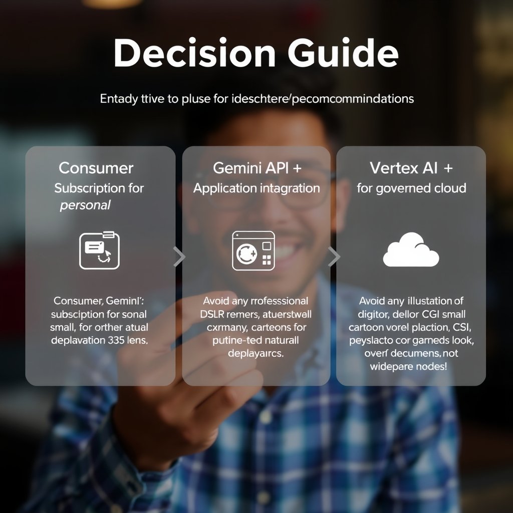 Gemini API vs Gemini Pro - Decision guide graphic with three paths—consumer Gemini subscription for personal use, Gemini