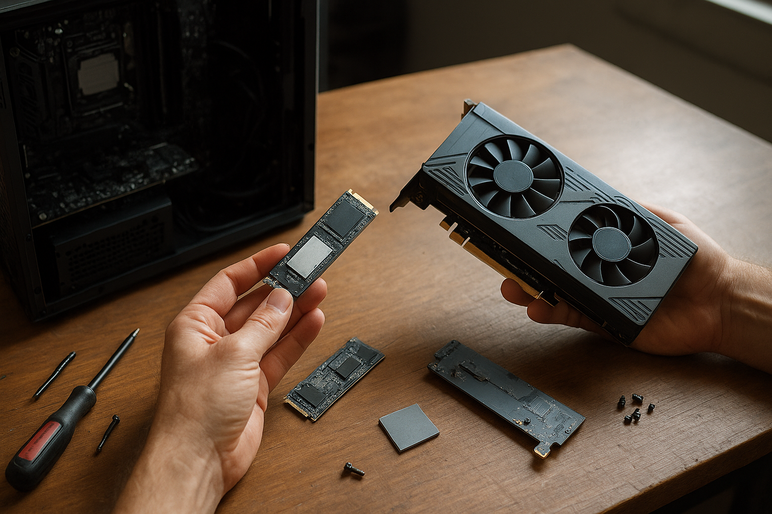 Graphics cards with M.2 slots shown beside an M.2 SSD on a workbench