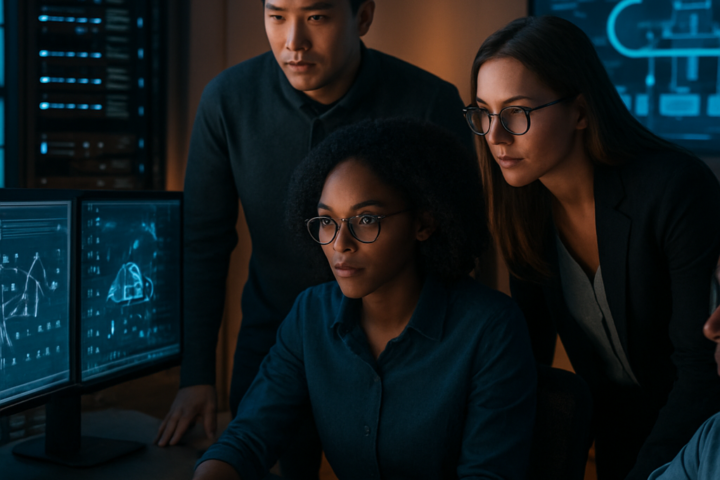 IT professionals reviewing a hybrid cloud infrastructure on multiple monitors in a modern operations center