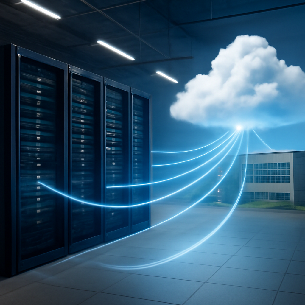 a photorealistic enterprise data centre connected by illuminated network links to a modern public cloud region