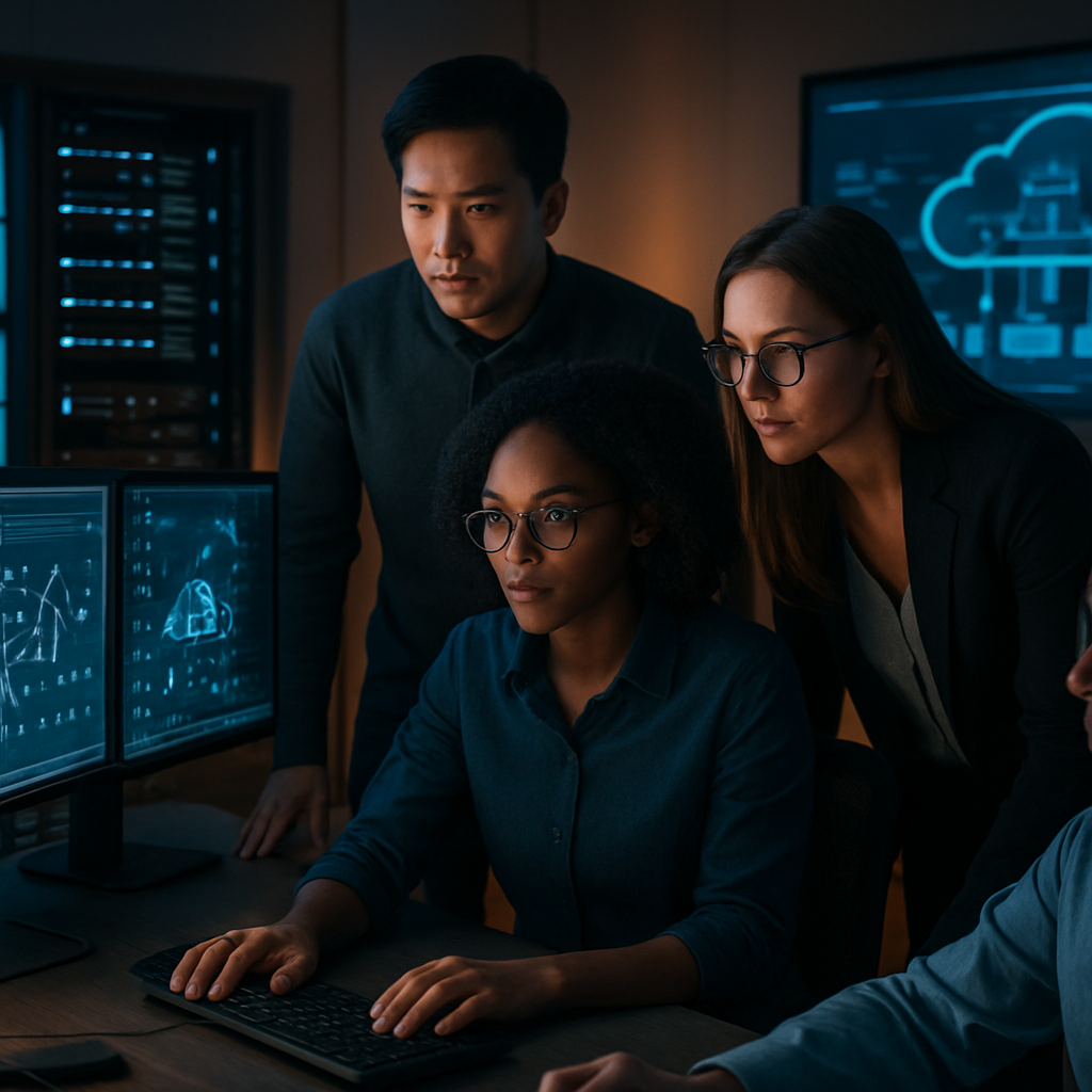 IT professionals reviewing a hybrid cloud infrastructure on multiple monitors in a modern operations center