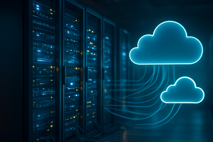 Modern hybrid cloud infrastructure connecting an on-premises data center with public and private cloud environments