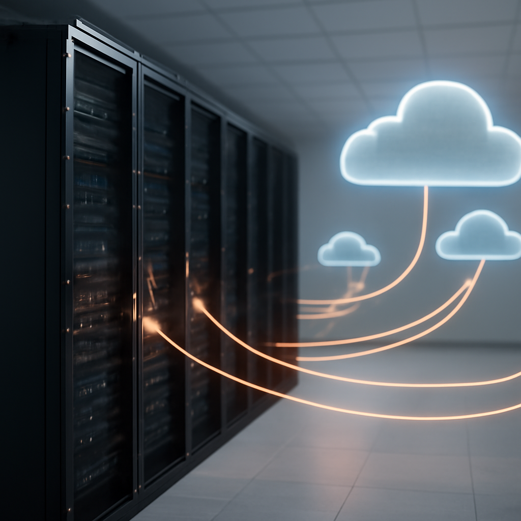 a photorealistic enterprise data centre connected by secure fibre links to multiple public cloud regions, with glowing n