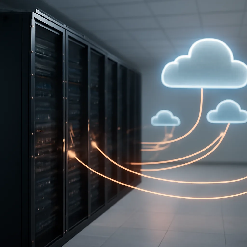 a photorealistic enterprise data centre connected by secure fibre links to multiple public cloud regions, with glowing n