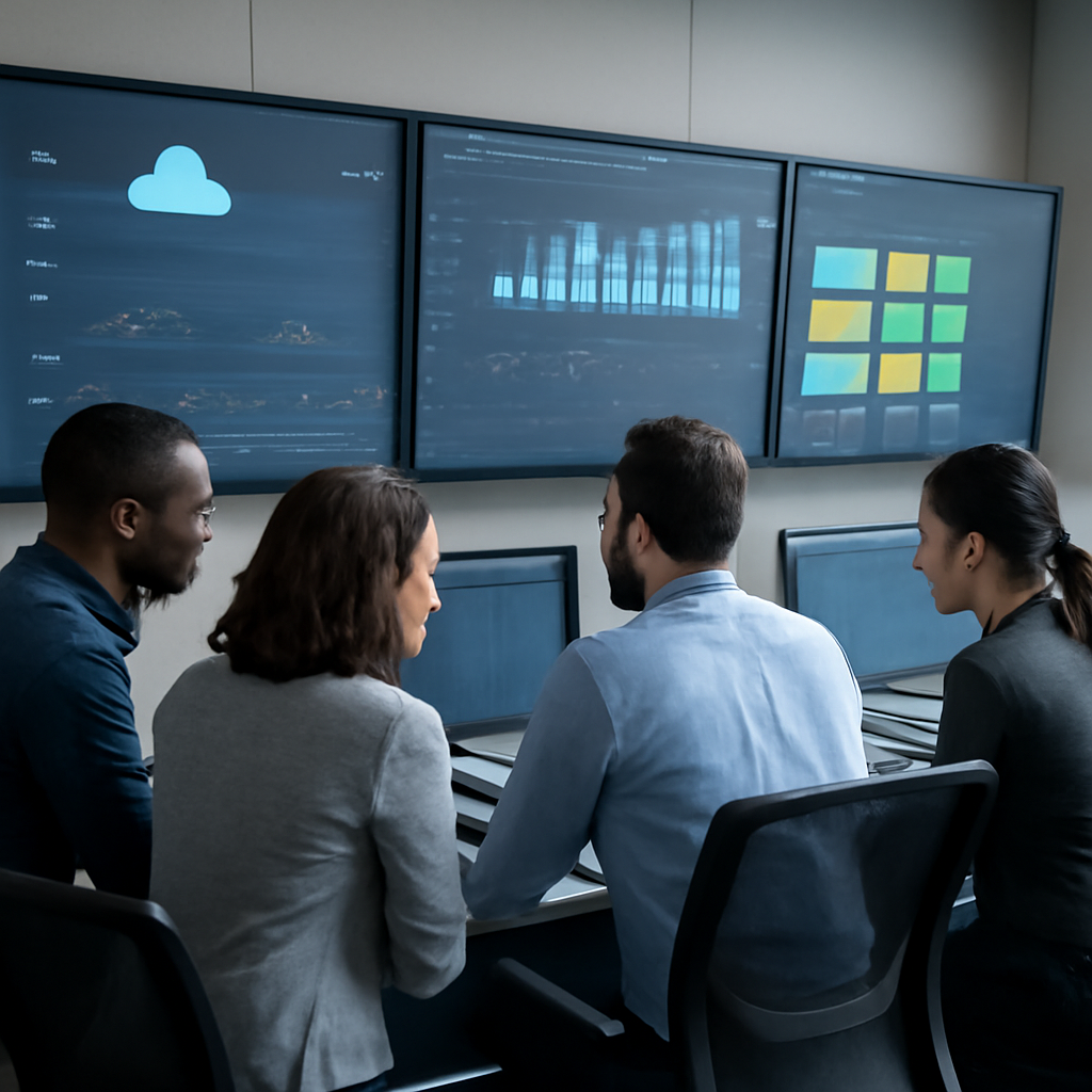 a cloud operations team viewing unified security, performance and cost dashboards on large monitors in a modern control