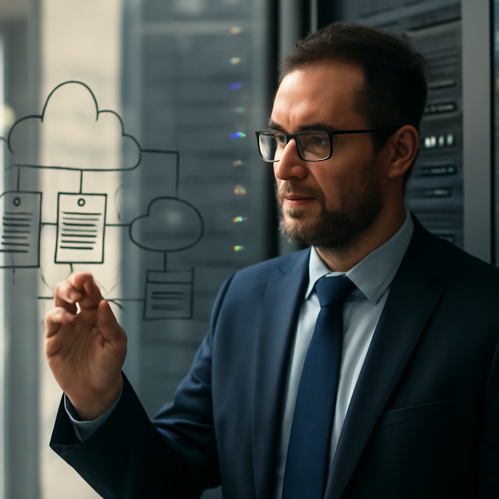 a security architect reviewing a hybrid cloud migration blueprint on a glass wall beside illuminated server racks