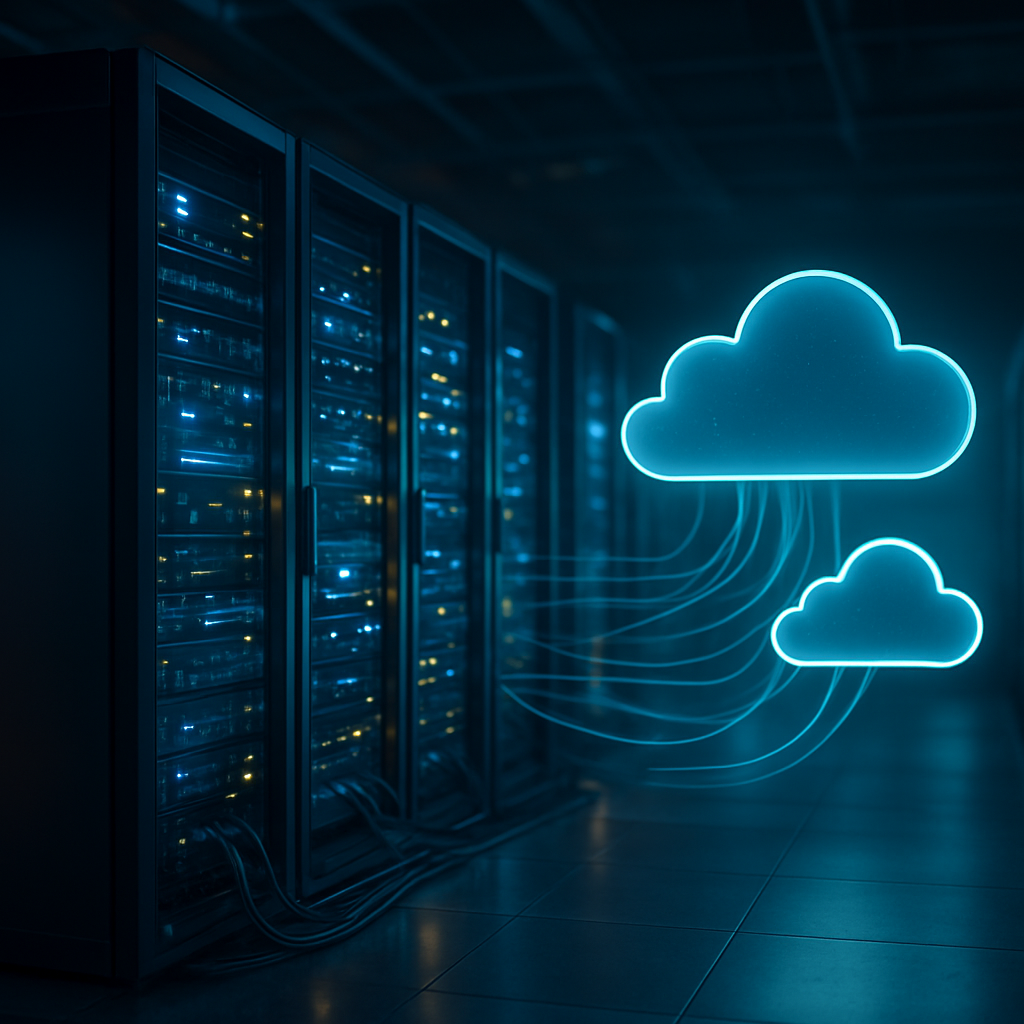 Modern hybrid cloud infrastructure connecting an on-premises data center with public and private cloud environments