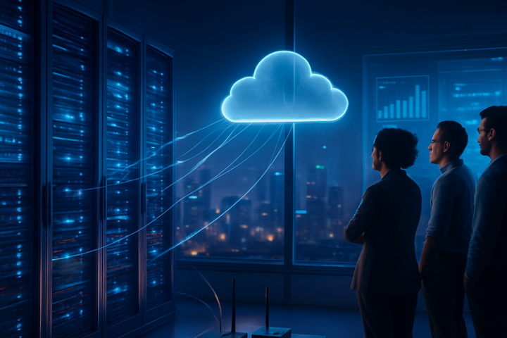 Modern hybrid cloud infrastructure connecting a secure data center with public cloud and edge devices