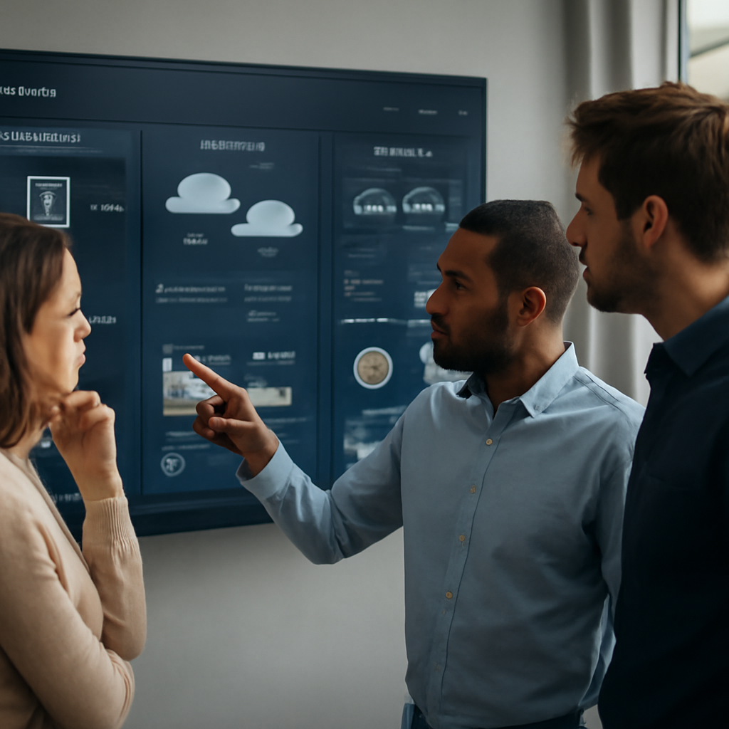a cloud operations team viewing a unified dashboard connected to a private data centre and two public cloud regions