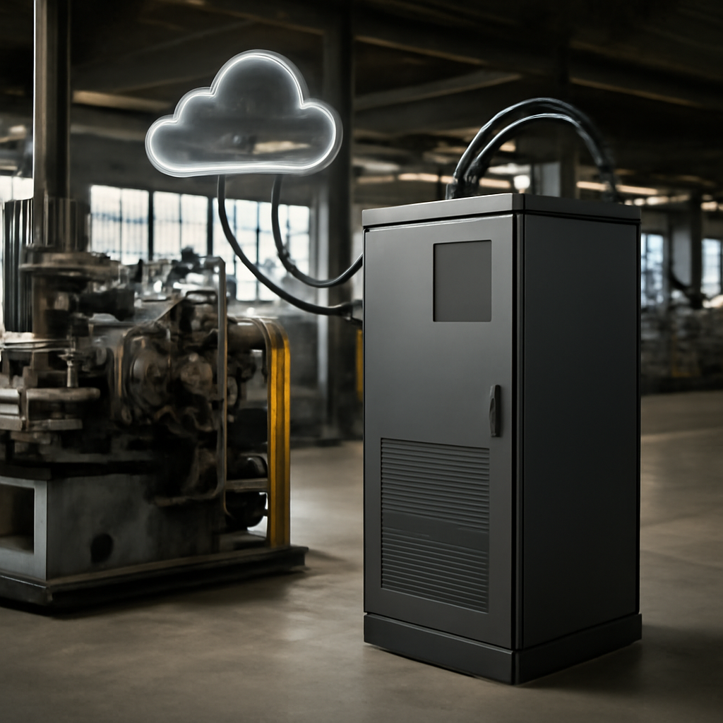 an industrial edge computing cabinet beside factory machinery, connected by secure links to a distant cloud data centre