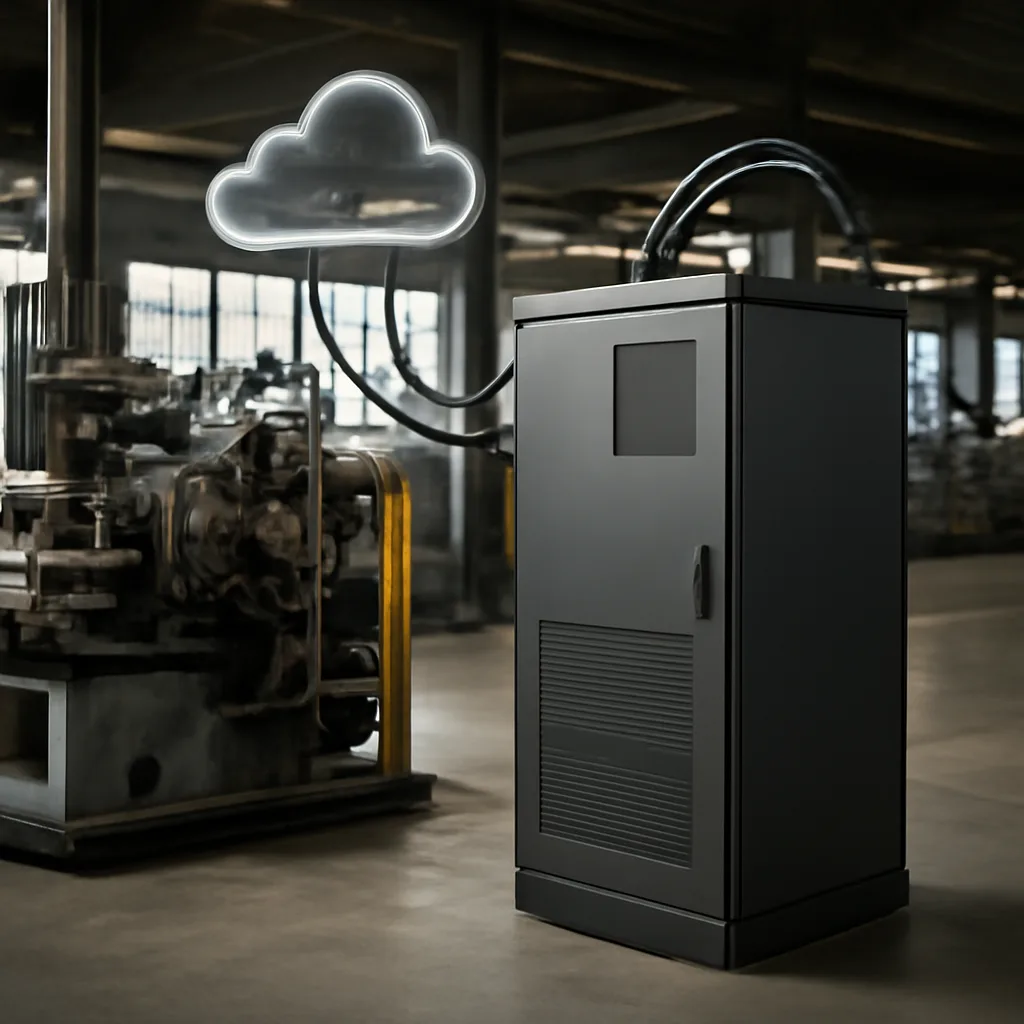 an industrial edge computing cabinet beside factory machinery, connected by secure links to a distant cloud data centre