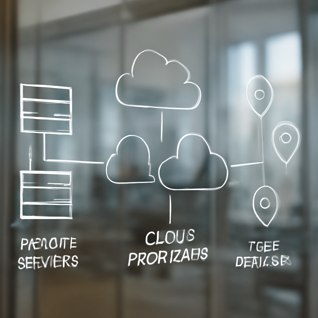 a photorealistic hybrid architecture diagram displayed on a glass wall, showing private servers, multiple cloud provider
