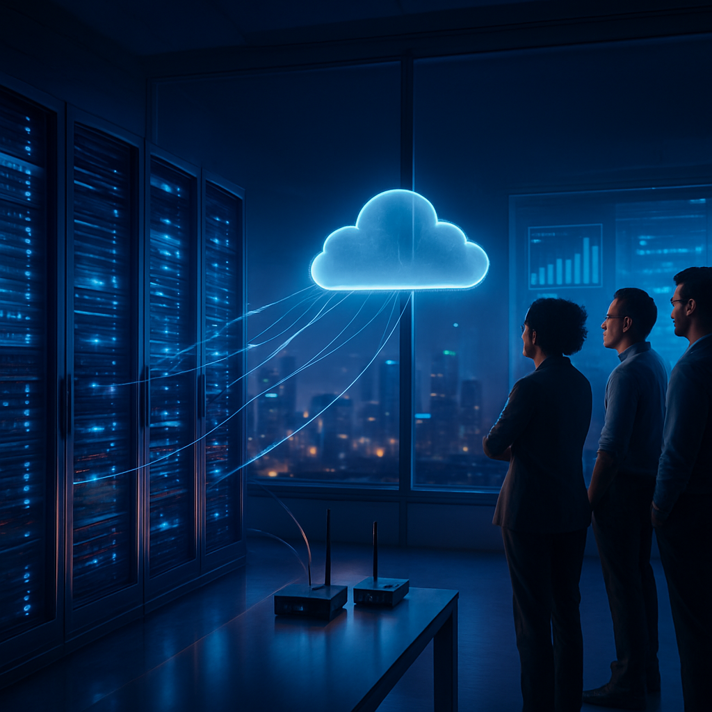 Modern hybrid cloud infrastructure connecting a secure data center with public cloud and edge devices